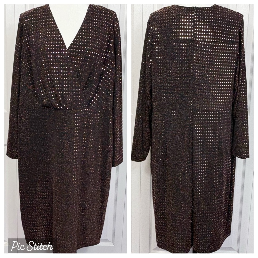 Calvin Klein Bronze Metallic Shiny Sequin Long Sleeve Party Dress 20W